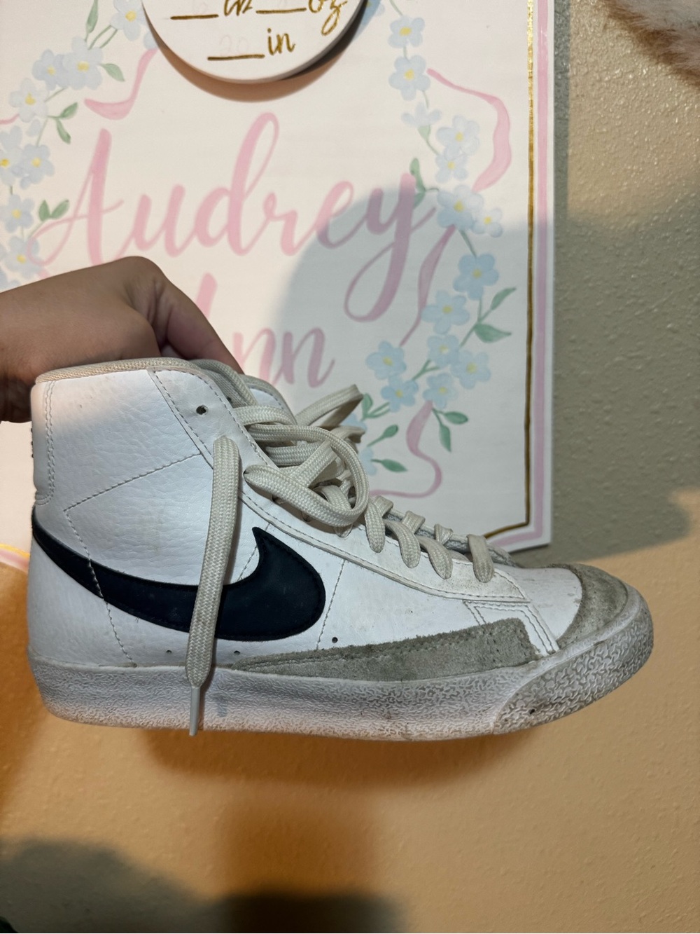 Nike White High-Top Sneakers with Black Swoosh and Gray Suede Trim